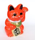 Photo1: Japanese Lucky Cat Tokoname ware YT Porcelain Maneki Neko koban left red H19cm (1)