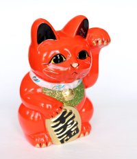 Japanese Lucky Cat Tokoname ware YT Porcelain Maneki Neko koban left red H19cm