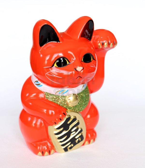 Photo1: Japanese Lucky Cat Tokoname ware YT Porcelain Maneki Neko koban left red H19cm