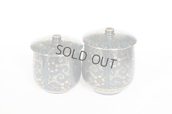 Photo2: Kutani porcelain Futatuki Yunomi blue gold aotibu Japanese tea cup (set of 2)