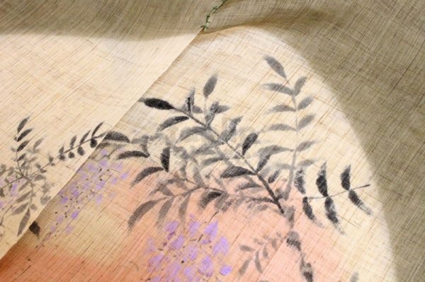 Photo2: Noren Mitsuru Japanese linen door curtain kusakizome wisteria flower 88 x 150cm