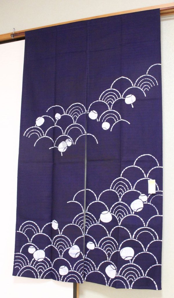 Photo1: Kyoto Noren SB Japanese batik door curtain Nami Wave navy blue 85cm x 150cm