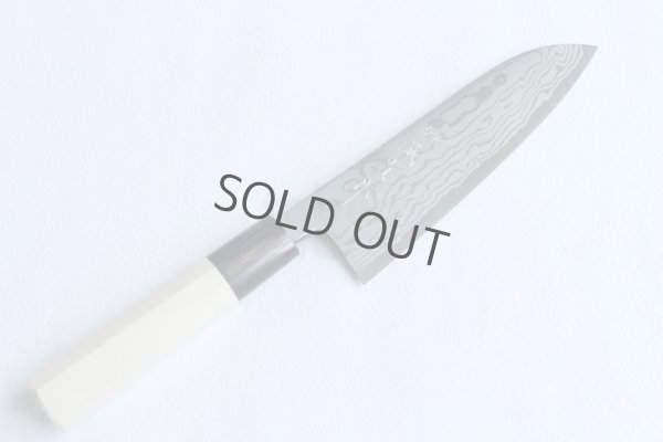 Photo11: Shigeki Tanaka Blue 2 steel Suminagashi Damascus Hand forged Santoku knife 165mm