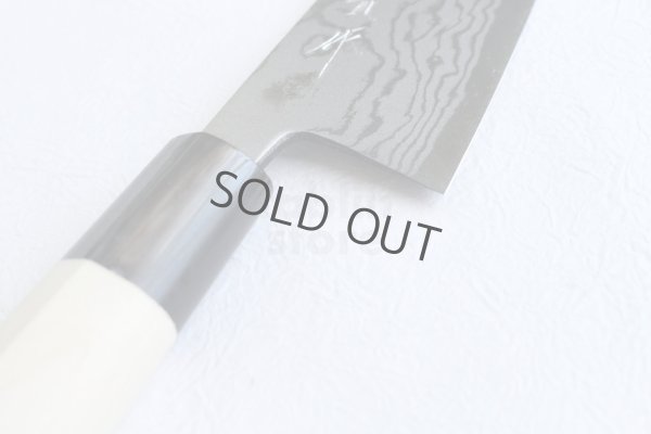 Photo6: Shigeki Tanaka Blue 2 steel Suminagashi Damascus Hand forged Santoku knife 165mm