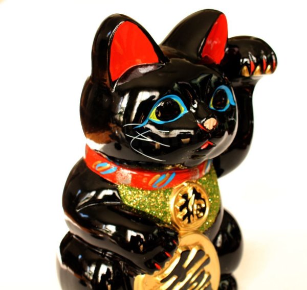 Photo2: Japanese Lucky Cat Tokoname ware YT Porcelain Maneki Neko Kai black left h H23cm