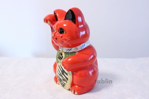 Photo3: Japanese Lucky Cat Tokoname ware YT Porcelain Maneki Neko koban right red H25cm