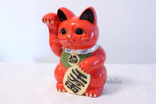 Other Images1: Japanese Lucky Cat Tokoname ware YT Porcelain Maneki Neko koban right red H25cm
