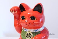 Japanese Lucky Cat Tokoname ware YT Porcelain Maneki Neko koban right red H25cm