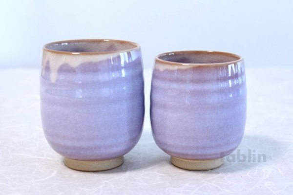 Photo1: Hagi yaki ware Japanese tea cups pottery purple kumi