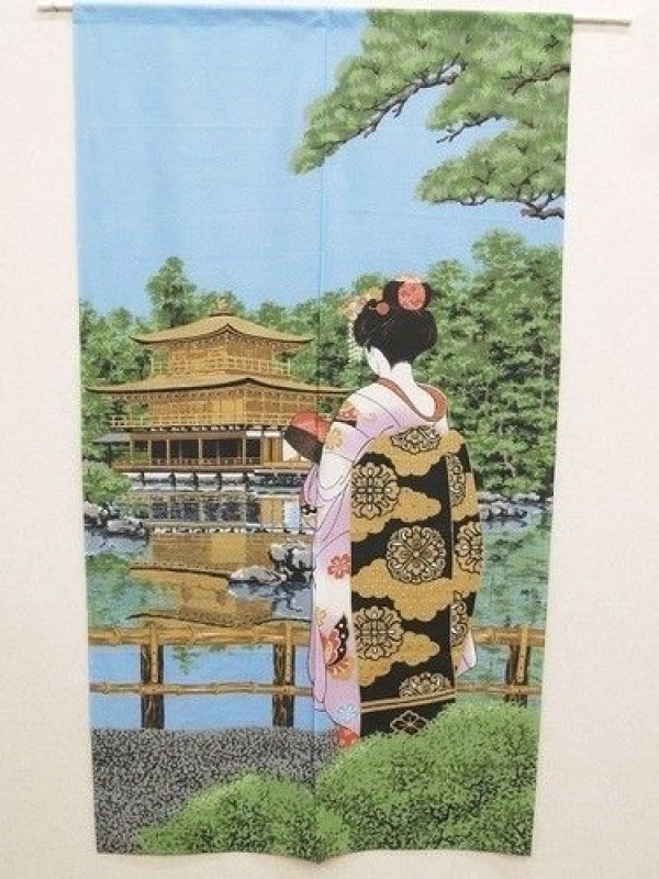 Photo1: Noren Japanese Curtain Doorway Ukiyo-e apprentice geisha Kinkakuji 85cm x 150cm