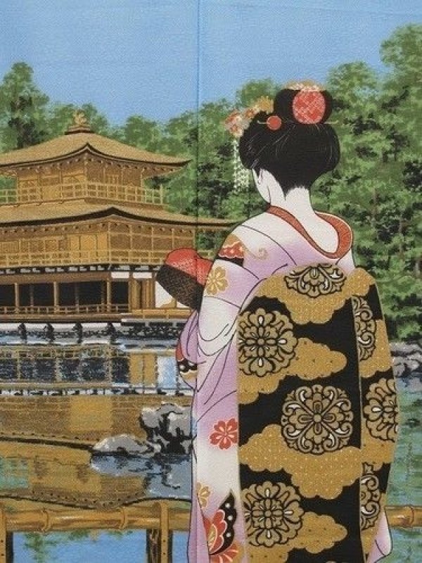 Photo2: Noren Japanese Curtain Doorway Ukiyo-e apprentice geisha Kinkakuji 85cm x 150cm