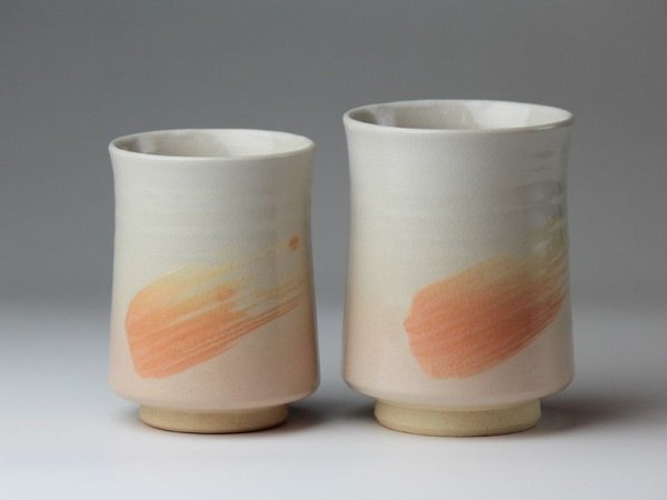 Photo1: Hagi yaki ware Japanese tea cups pottery Hakeme (1)
