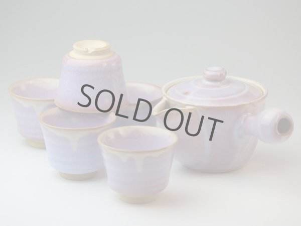 Photo1: Japanese tea pot cups set Hagi ware purple asagao pottery tea strainer 420ml (1)