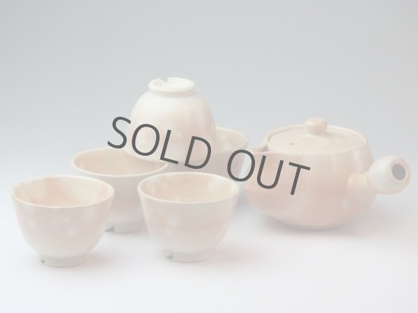 Photo1: Hagi yaki ware Japanese tea pot cups set Goho with stainless tea strainer 370ml (1)