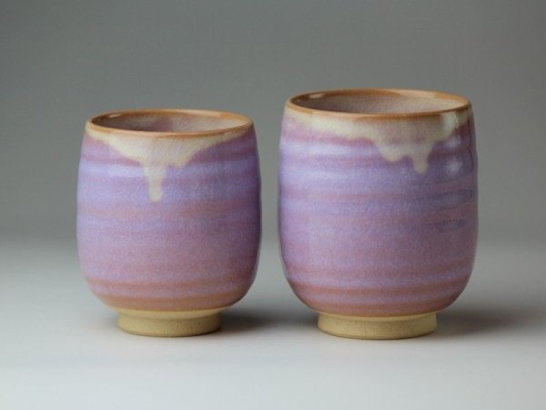 Photo2: Hagi yaki ware Japanese tea cups pottery purple kumi (2)