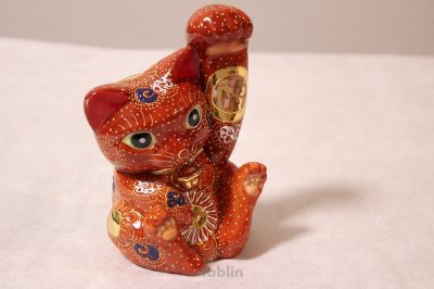 Photo1: Japanese Lucky Cat Kutani Porcelain Maneki Neko cha mori left hand H13.5cm 