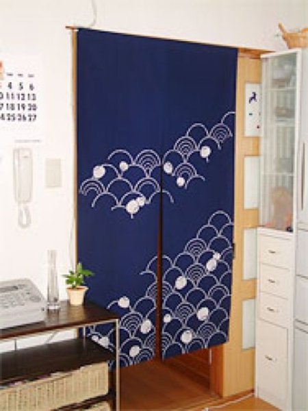 Photo4: Kyoto Noren SB Japanese batik door curtain Nami Wave navy blue 85cm x 150cm (4)