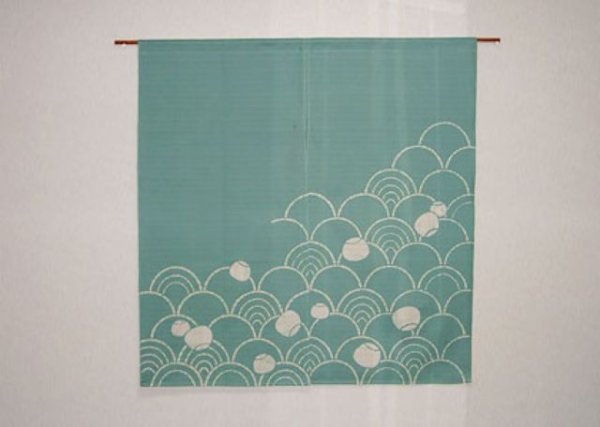 Photo1: Kyoto Noren SB Japanese batik door curtain Nami Wave green 85cm x 90cm (1)