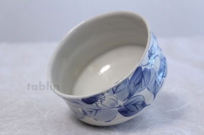 Photo1: Kutani porcelain tea bowl deep blue camellia chawan Matcha Green Tea Japanese