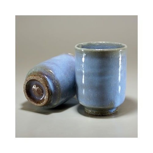 Photo5: Hagi ware Senryuzan climbing kiln Japanese tea cups light blue glaze set of 2 (5)