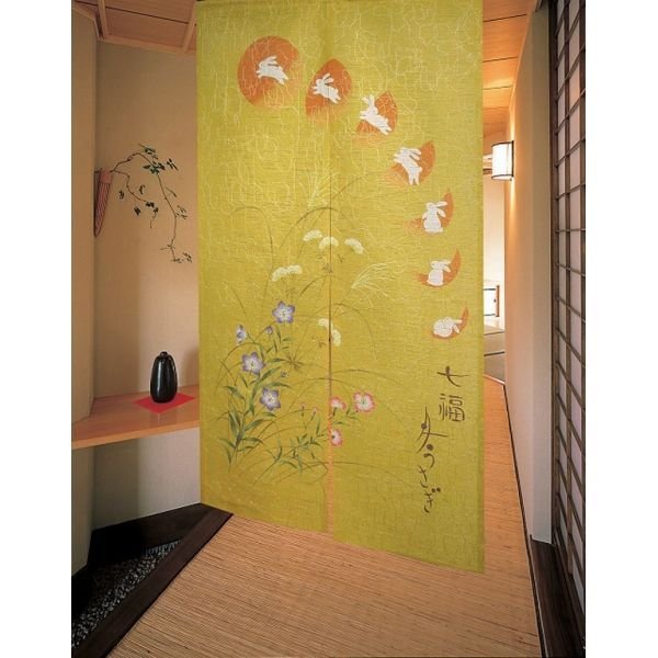 Photo1: Kyoto Noren MS Japanese door curtain Moon and Rabbits gold 85 x 150cm (1)