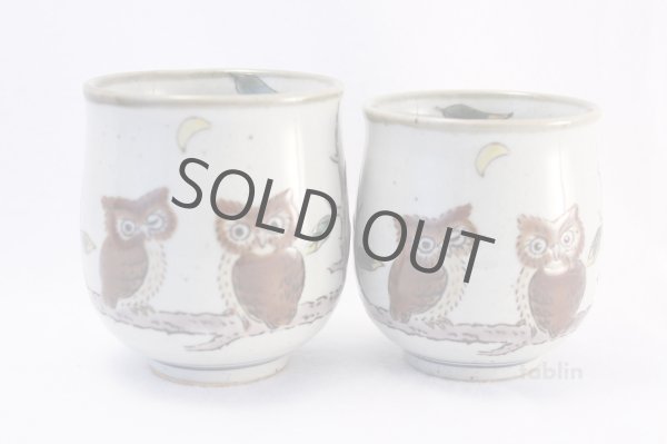 Photo1: Kutani yaki ware Yunomi owl ren Japanese tea cup (set of 2) (1)