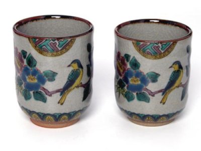 Photo3: Kutani yaki ware Yunomi Ko Kutani Kacho Japanese tea cup (set of 2)