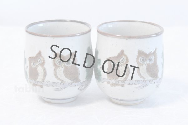 Photo1: Kutani yaki ware Yunomi owl top brown m3 Japanese tea cup (set of 2) (1)