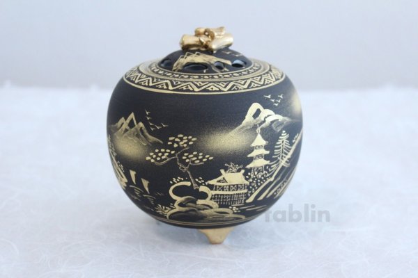 Photo1: Kutani yaki ware Japanese incense burner Damashin sansui H 11.5cm (1)