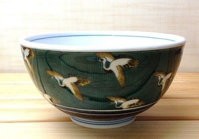 Photo2: Kutani porcelain Japanese Rice Soup Noodle bowl crane karuta Seiko kiln D164mm