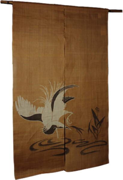 Photo1: Noren Mitsuru Japanese linen door curtain Kakishibu sagi egret 88 x 150cm (1)