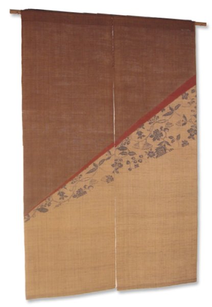 Photo1: Noren Mitsuru Japanese linen door curtain Kakishibu flower tira flow 88 x 150cm (1)