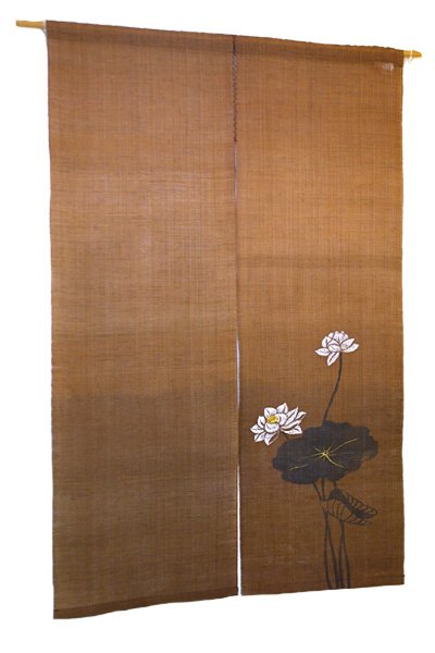 Photo1: Noren Mitsuru Japanese linen door curtain Kakishibu hasu lotus 88 x 150cm (1)