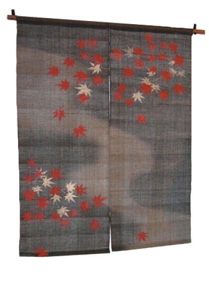 Photo1: Noren Mitsuru Japanese linen door curtain Kakishibu tetsu maple kon 88 x 120cm (1)