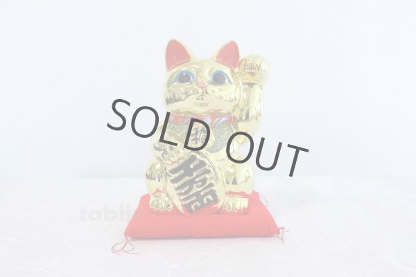 Photo1: Japanese Lucky Cat Tokoname ware Porcelain Maneki Neko Gold r cushion H24cm (1)