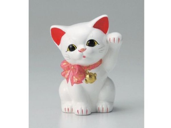 Photo1: Japanese Lucky Cat Tokoname ware YT Porcelain Maneki Neko ribbon white H15cm (1)