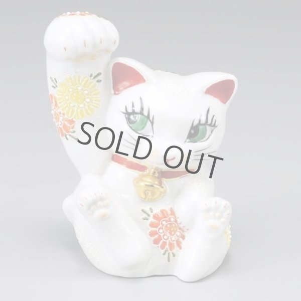 Photo1: Japanese Lucky Cat Kutani Porcelain Maneki Neko white kiku mori right H13.5cm (1)