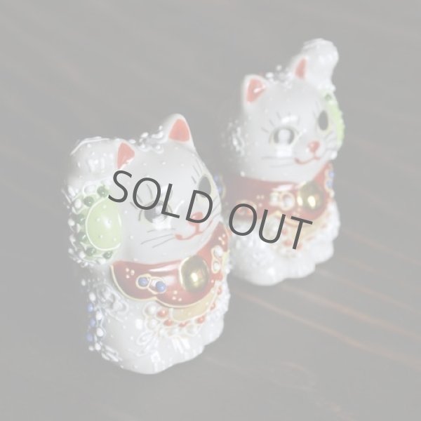 Photo3: Japanese Lucky Cat Kutani yaki ware Porcelain Maneki Neko nigo siro sakari pair (3)