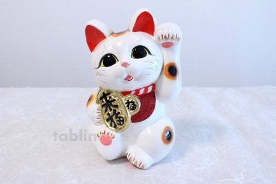 Photo2: Japanese Lucky Cat Tokoname ware YT Porcelain Maneki Neko dance white H23cm