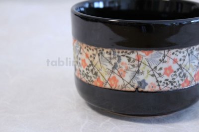 Photo3: Tokoname ware Japanese matcha tea bowl chawan obi flower line black