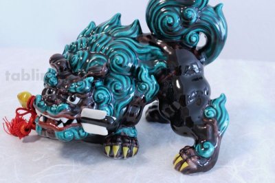 Photo2: Japanese Leo Shishi Dragon Lion dog Kutani Porcelain arrow kochi green H23cm