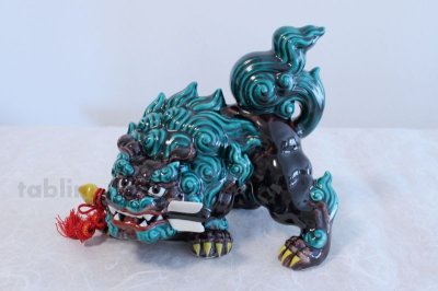 Photo1: Japanese Leo Shishi Dragon Lion dog Kutani Porcelain arrow kochi green H23cm