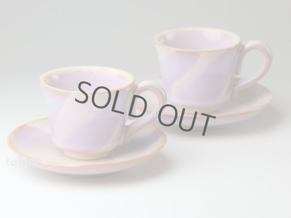 Photo1: Hagi ware Japanese pottery mug coffee cup purple asagao & saucer 160ml set of 2 (1)