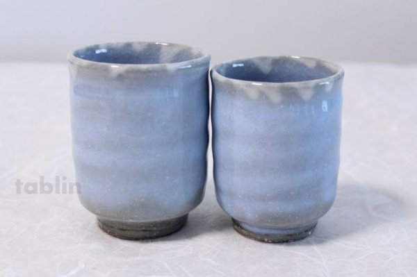 Photo2: Hagi ware Senryuzan climbing kiln Japanese tea cups light blue glaze set of 2 (2)