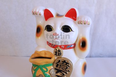 Photo3: Japanese Lucky Cat Tokoname yaki ware Porcelain Maneki Neko ryoteage 10.2 inch