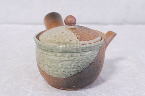 Photo1: Shigaraki Japanese tea pot kyusu midori mame pottery tea strainer 230ml (1)