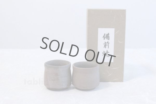 Photo1: Bizen yaki ware made by climbing kiln Japanese sake beer cup (set of 2) (1)