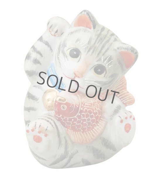 Photo10: Japanese Lucky Cat Kutani Porcelain Maneki Neko yomogi cat hold fish H11.5cm (10)