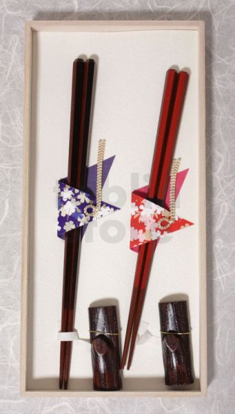 Photo1: Hexagonal Conjugal Japanese lacquer chopsticks & rest Gift set (1)