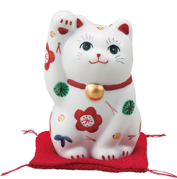 Photo1: Japanese Lucky Cat Kutani Porcelain Maneki Neko sango shochikubai H 11.5cm  (1)